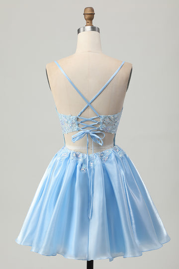 Blue A Line Sequins Corset Cut Out Short Homecoming Dress with Appliques